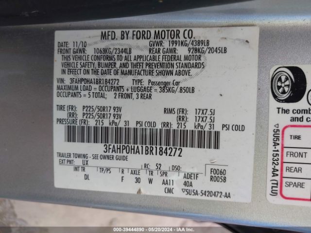 Photo 8 VIN: 3FAHP0HA1BR184272 - FORD FUSION 