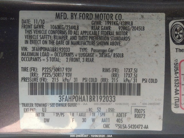 Photo 8 VIN: 3FAHP0HA1BR192033 - FORD FUSION 