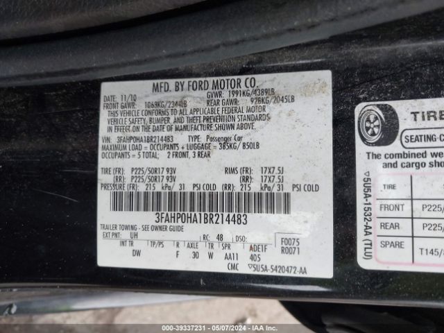 Photo 8 VIN: 3FAHP0HA1BR214483 - FORD FUSION 