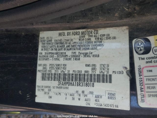 Photo 8 VIN: 3FAHP0HA1BR318018 - FORD FUSION 