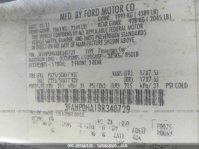 Photo 8 VIN: 3FAHP0HA1BR340729 - FORD FUSION 