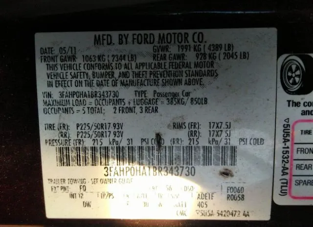 Photo 8 VIN: 3FAHP0HA1BR343730 - FORD FUSION 