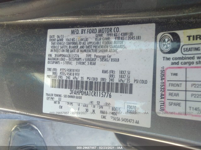 Photo 8 VIN: 3FAHP0HA1CR115776 - FORD FUSION 