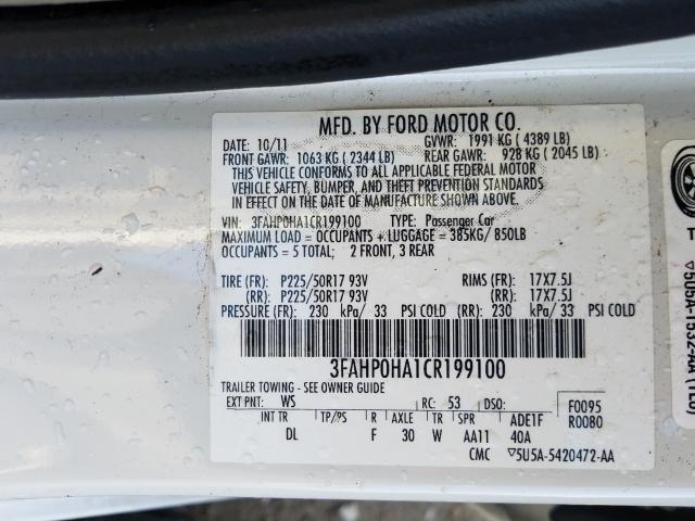 Photo 9 VIN: 3FAHP0HA1CR199100 - FORD FUSION SE 