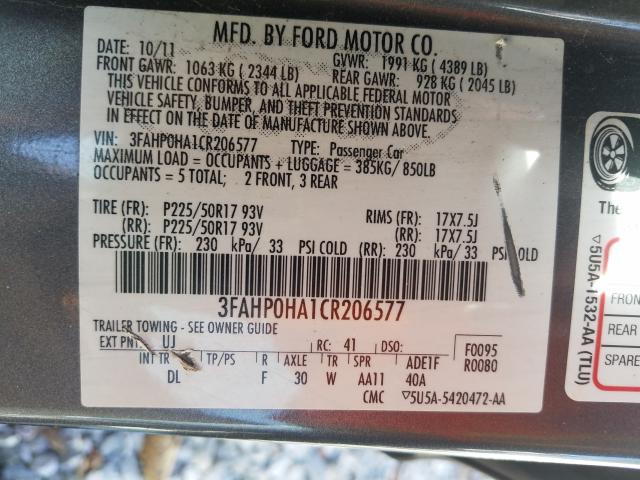 Photo 9 VIN: 3FAHP0HA1CR206577 - FORD FUSION SE 