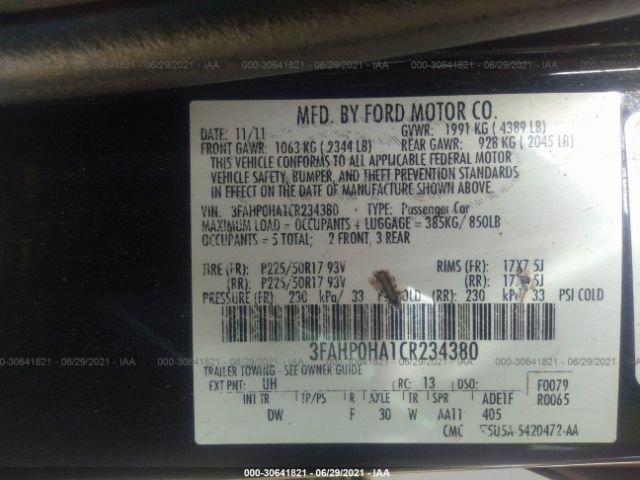 Photo 8 VIN: 3FAHP0HA1CR234380 - FORD FUSION 