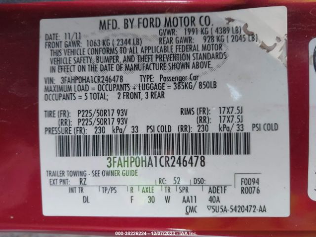 Photo 8 VIN: 3FAHP0HA1CR246478 - FORD FUSION 