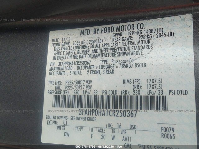 Photo 8 VIN: 3FAHP0HA1CR250367 - FORD FUSION 