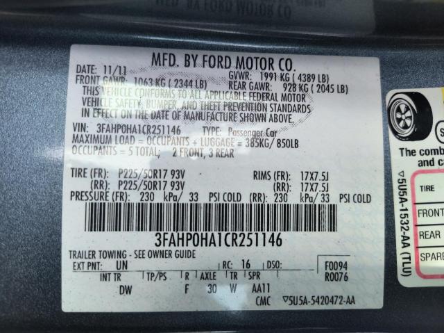 Photo 9 VIN: 3FAHP0HA1CR251146 - FORD FUSION 