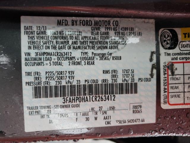 Photo 9 VIN: 3FAHP0HA1CR263412 - FORD FUSION SE 