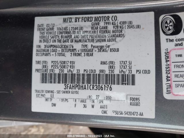 Photo 8 VIN: 3FAHP0HA1CR306176 - FORD FUSION 