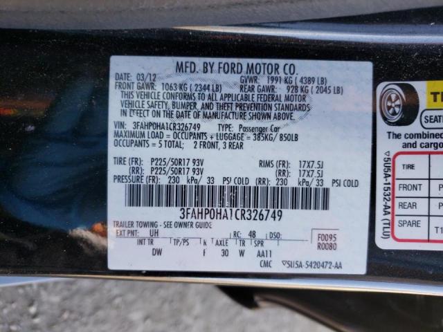 Photo 9 VIN: 3FAHP0HA1CR326749 - FORD FUSION SE 