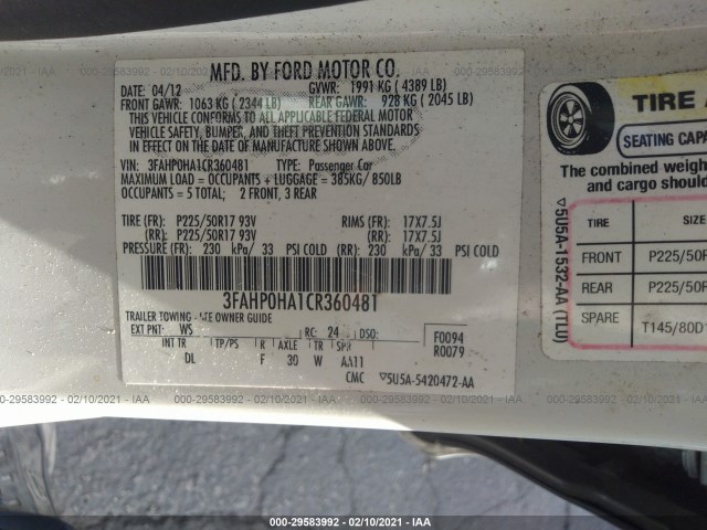 Photo 8 VIN: 3FAHP0HA1CR360481 - FORD FUSION 