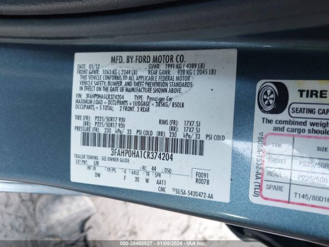 Photo 8 VIN: 3FAHP0HA1CR374204 - FORD FUSION 