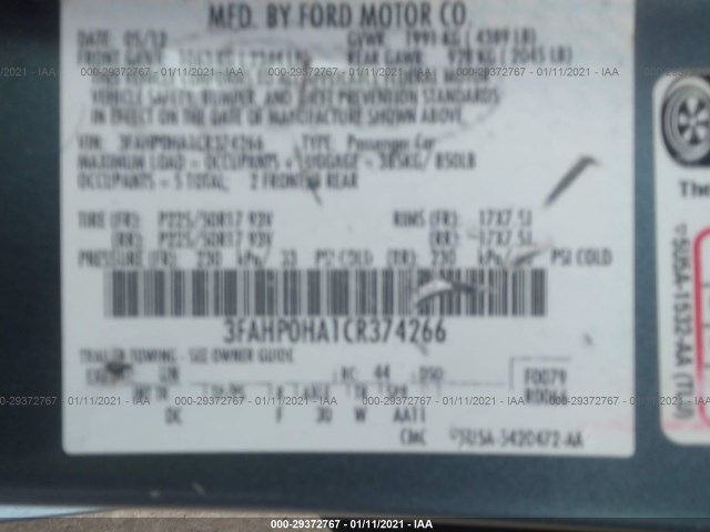 Photo 8 VIN: 3FAHP0HA1CR374266 - FORD FUSION 