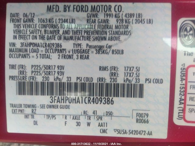 Photo 8 VIN: 3FAHP0HA1CR409386 - FORD FUSION 