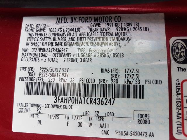 Photo 9 VIN: 3FAHP0HA1CR436247 - FORD FUSION SE 