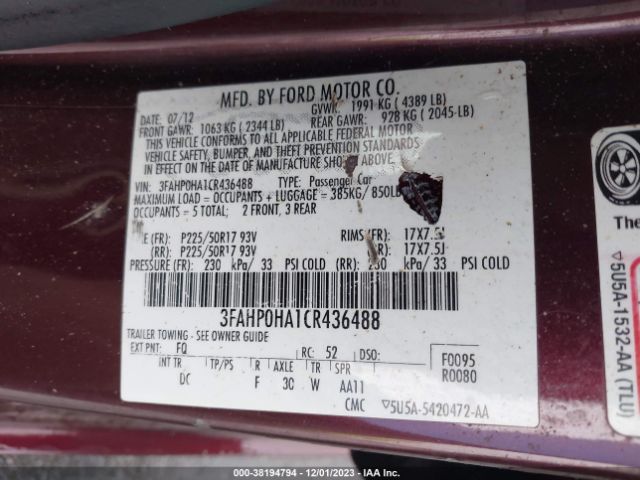 Photo 8 VIN: 3FAHP0HA1CR436488 - FORD FUSION 