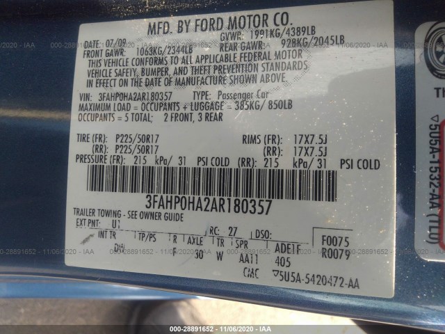 Photo 8 VIN: 3FAHP0HA2AR180357 - FORD FUSION 