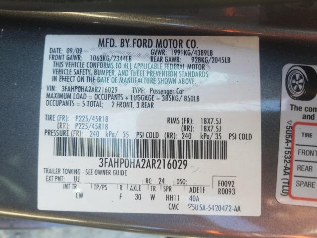 Photo 9 VIN: 3FAHP0HA2AR216029 - FORD FUSION SE 