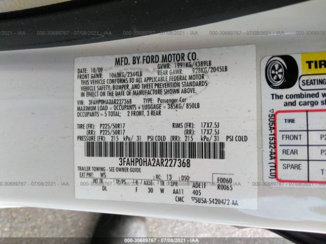 Photo 8 VIN: 3FAHP0HA2AR227368 - FORD FUSION 