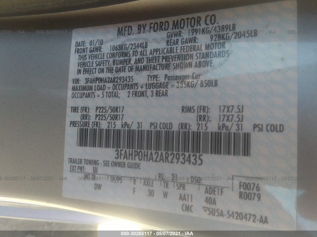 Photo 8 VIN: 3FAHP0HA2AR293435 - FORD FUSION 