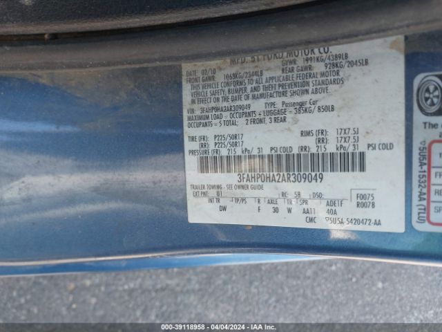 Photo 8 VIN: 3FAHP0HA2AR309049 - FORD FUSION 