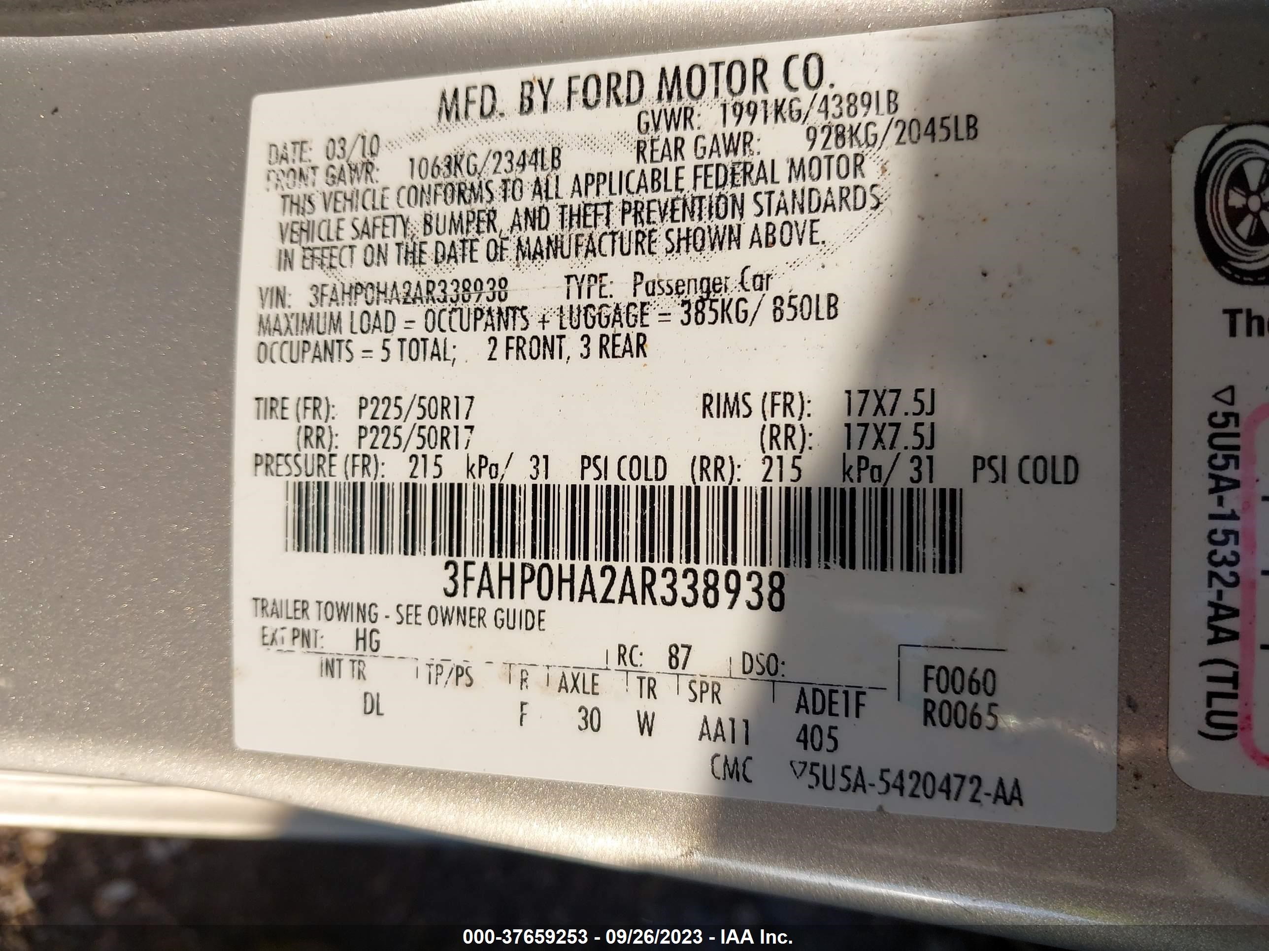 Photo 8 VIN: 3FAHP0HA2AR338938 - FORD FUSION 