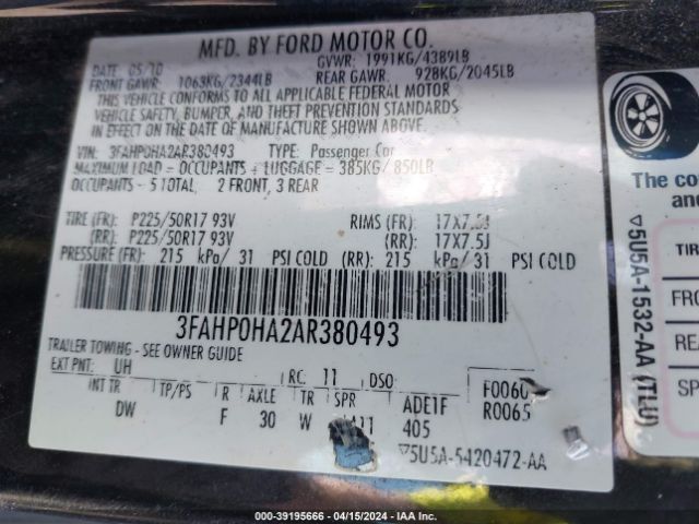 Photo 8 VIN: 3FAHP0HA2AR380493 - FORD FUSION 