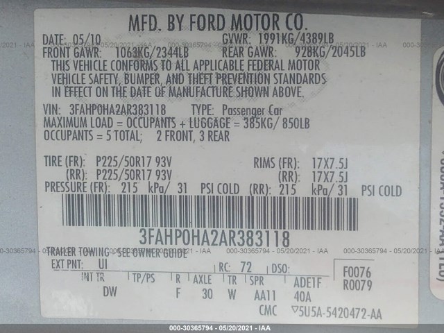 Photo 8 VIN: 3FAHP0HA2AR383118 - FORD FUSION 