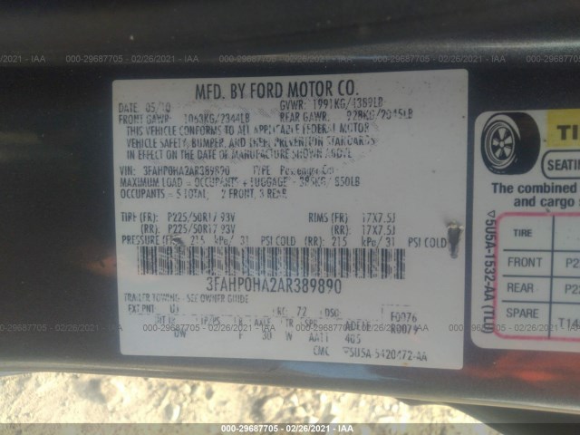 Photo 8 VIN: 3FAHP0HA2AR389890 - FORD FUSION 