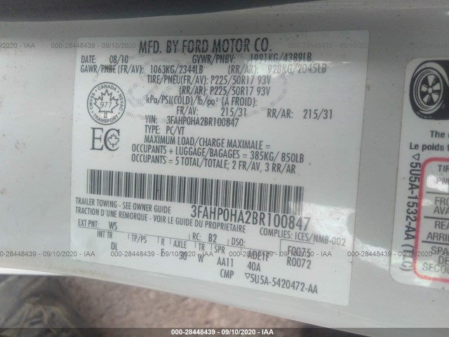 Photo 8 VIN: 3FAHP0HA2BR100847 - FORD FUSION 