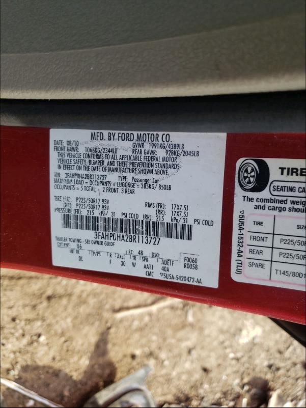 Photo 9 VIN: 3FAHP0HA2BR113727 - FORD FUSION SE 