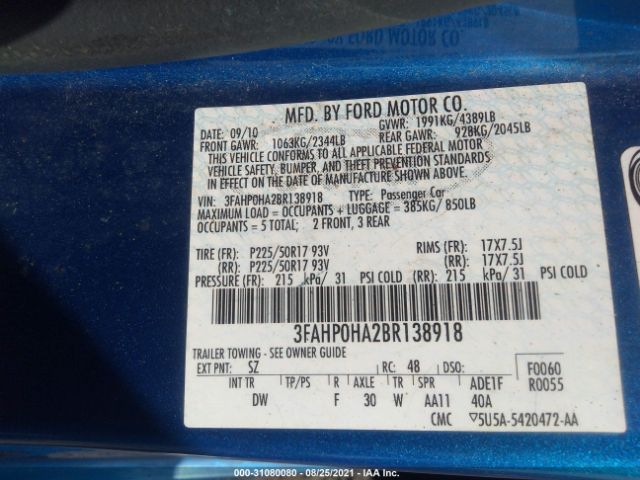 Photo 8 VIN: 3FAHP0HA2BR138918 - FORD FUSION 