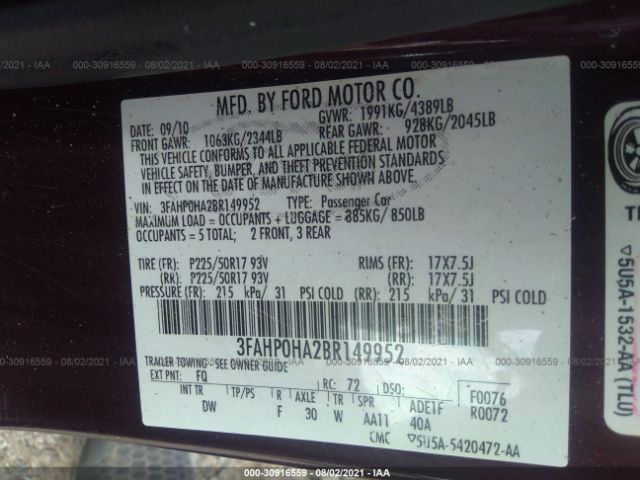 Photo 8 VIN: 3FAHP0HA2BR149952 - FORD FUSION 