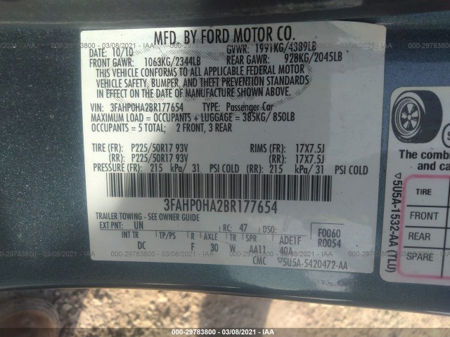 Photo 8 VIN: 3FAHP0HA2BR177654 - FORD FUSION 