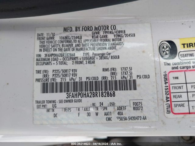 Photo 8 VIN: 3FAHP0HA2BR182868 - FORD FUSION 