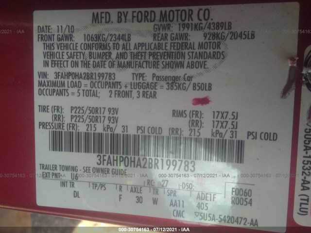 Photo 8 VIN: 3FAHP0HA2BR199783 - FORD FUSION 