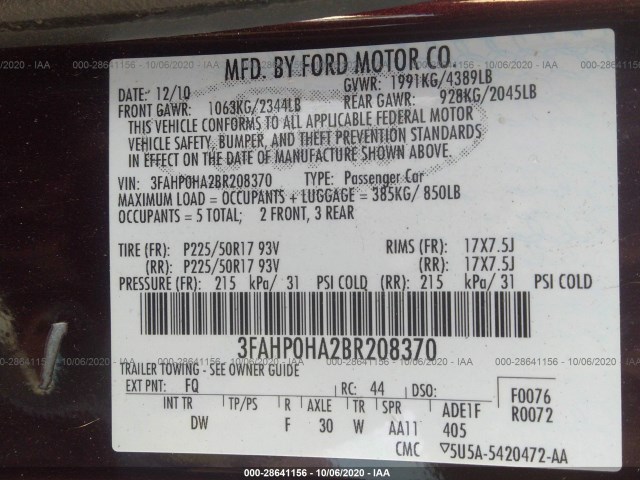 Photo 8 VIN: 3FAHP0HA2BR208370 - FORD FUSION 