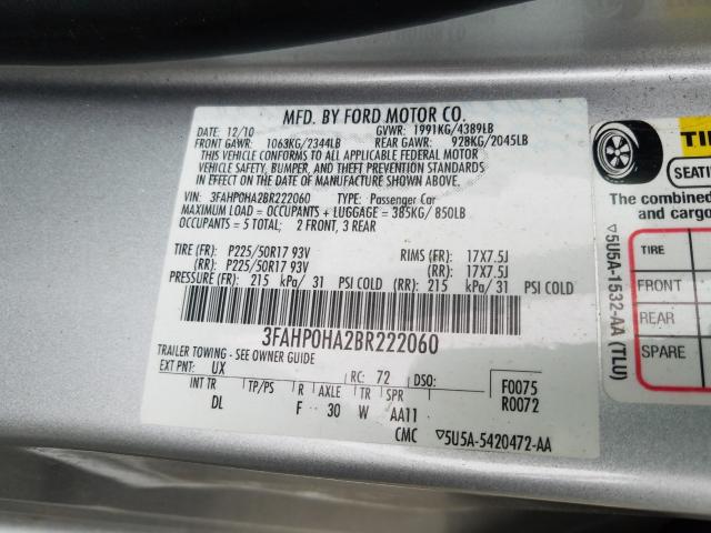 Photo 9 VIN: 3FAHP0HA2BR222060 - FORD FUSION SE 