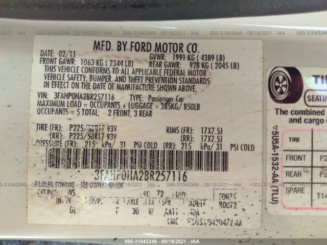 Photo 8 VIN: 3FAHP0HA2BR257116 - FORD FUSION 