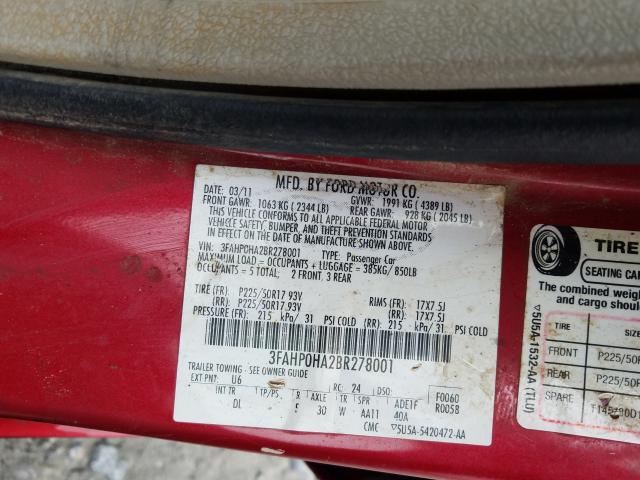 Photo 9 VIN: 3FAHP0HA2BR278001 - FORD FUSION SE 