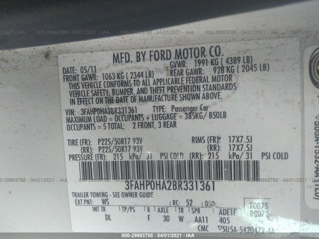 Photo 8 VIN: 3FAHP0HA2BR331361 - FORD FUSION 