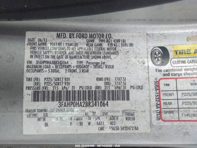 Photo 8 VIN: 3FAHP0HA2BR341064 - FORD FUSION 