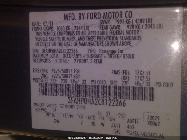 Photo 8 VIN: 3FAHP0HA2CR122266 - FORD FUSION 