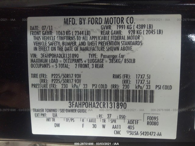 Photo 8 VIN: 3FAHP0HA2CR131890 - FORD FUSION 