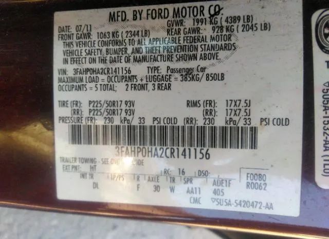 Photo 8 VIN: 3FAHP0HA2CR141156 - FORD FUSION 