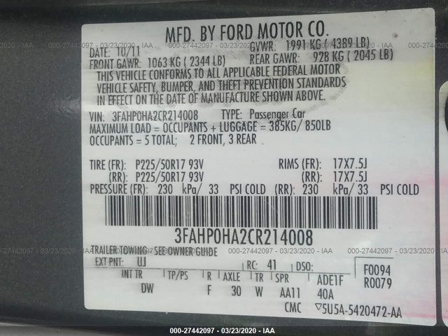 Photo 8 VIN: 3FAHP0HA2CR214008 - FORD FUSION 