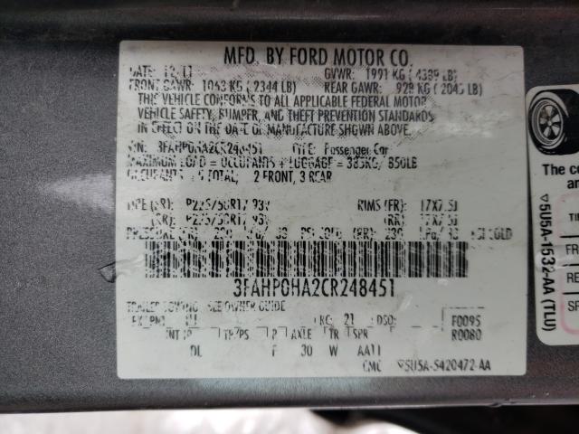 Photo 9 VIN: 3FAHP0HA2CR248451 - FORD FUSION SE 