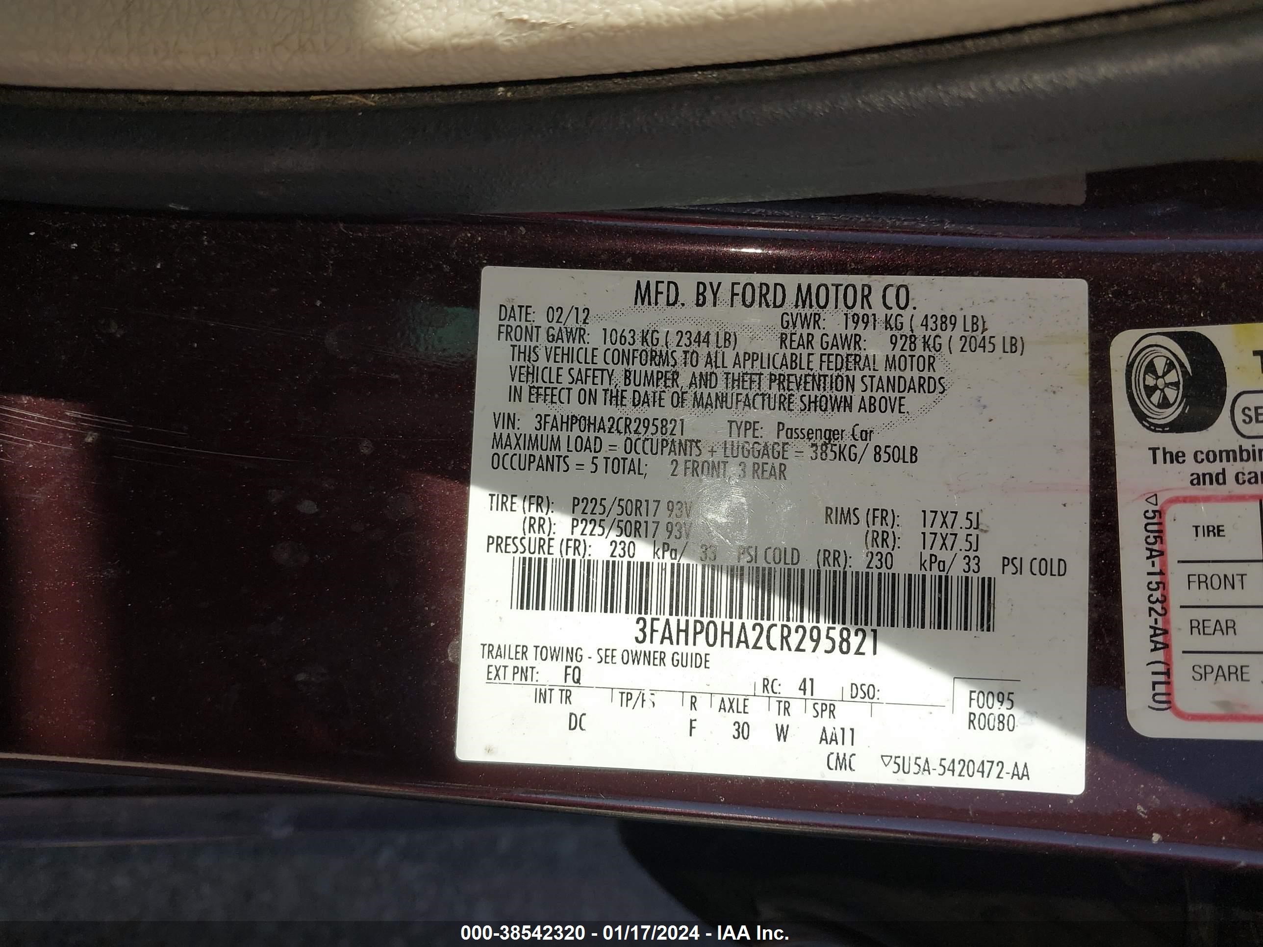 Photo 8 VIN: 3FAHP0HA2CR295821 - FORD FUSION 